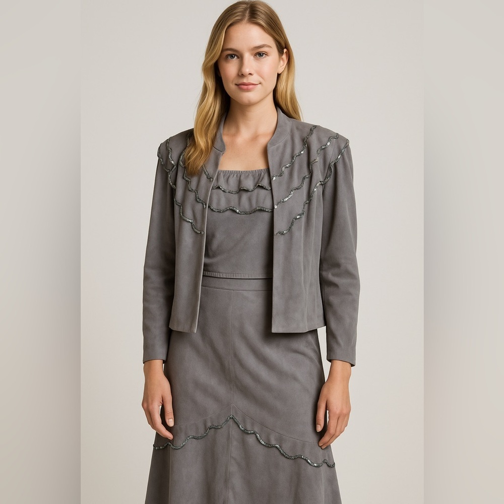 Vintage Suede Hand Made 3 Piece Gray Women's Skirt Suit Sequins Soft Size Small